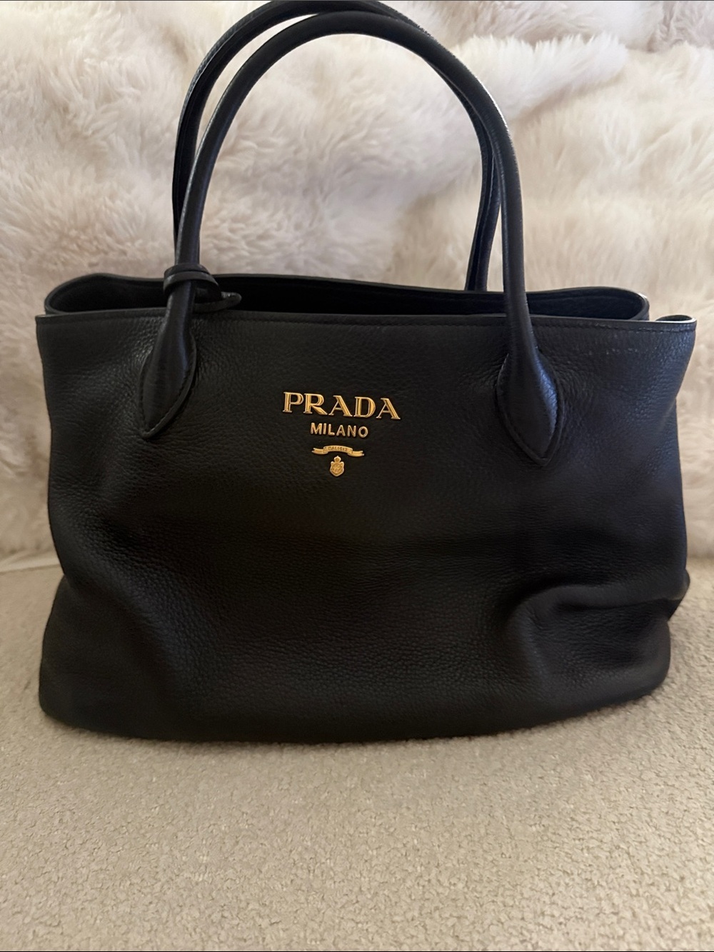 Prada Black Leather Tote with Gold Logo